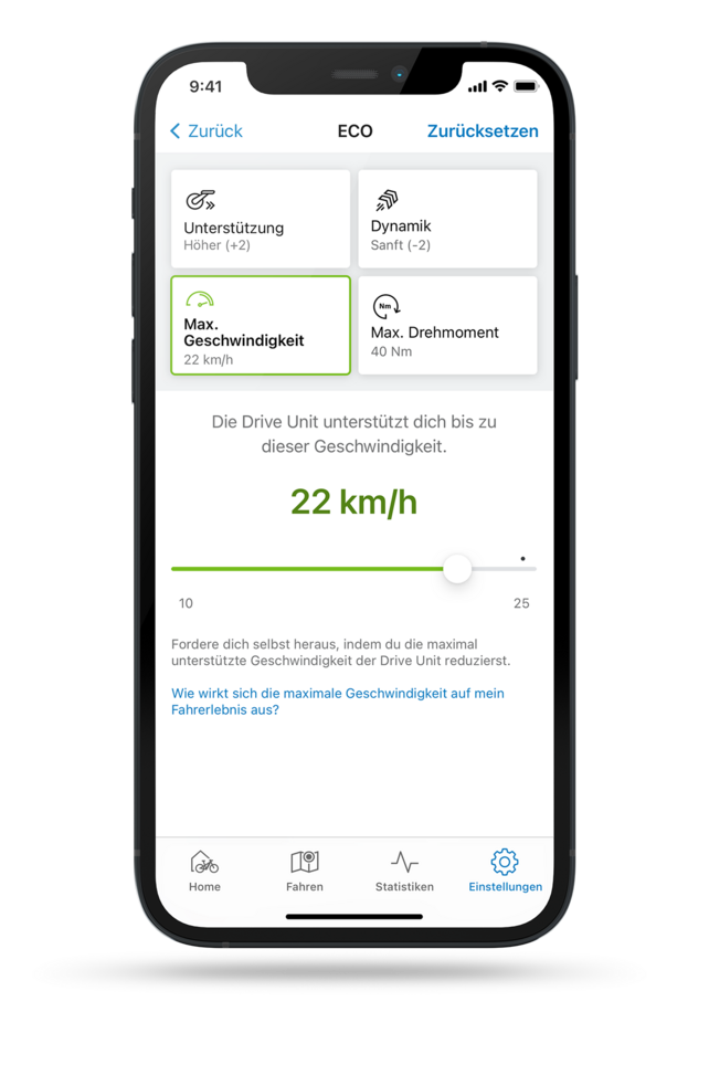Freigestellter Screenshot der eBike Flow App mit geöffneter Einstellung zur Begrenzung der maximalen Geschwindigkeit im ECO-Modus