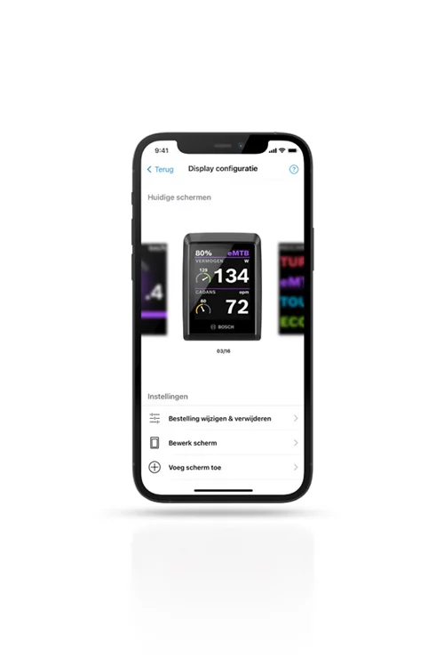 Screenshot van het smartphonescherm met de weergaveconfiguratie in de eBike Flow-app, inclusief mogelijke instellingen.