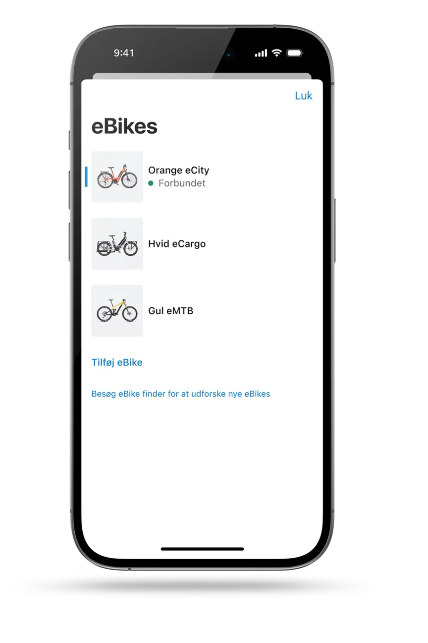 eBike Flow-app-skærmen vises som individuel. Skærmen præsenterer eBike Flow-appens digitale garage, som viser tre forskellige eBike-modeller.