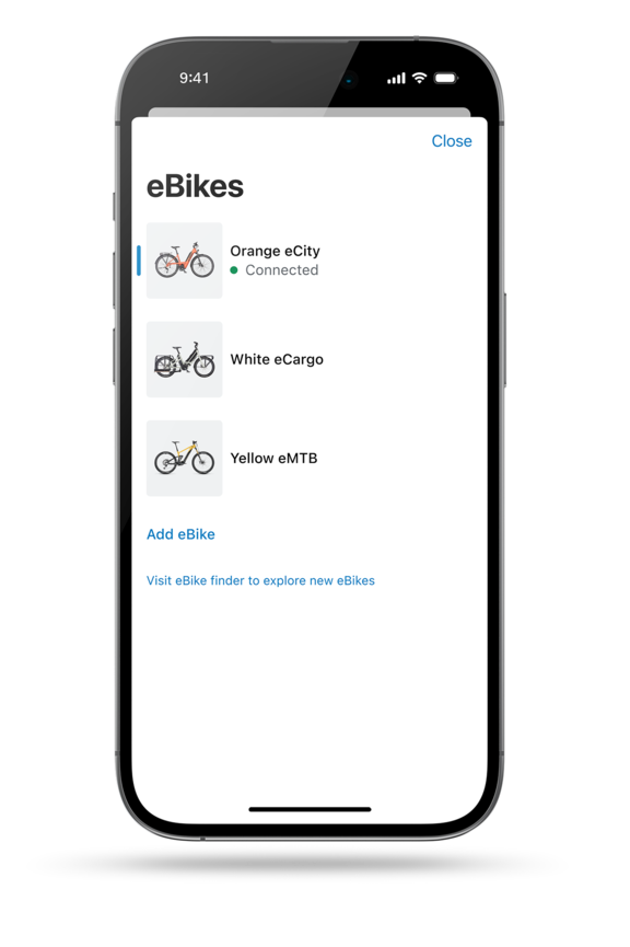 Aplikacja eBike Flow ekran pokazany jako element indywidualny. Na ekranie znajduje się cyfrowy garaż aplikacji eBike Flow, który wyświetla trzy różne modele eBike.