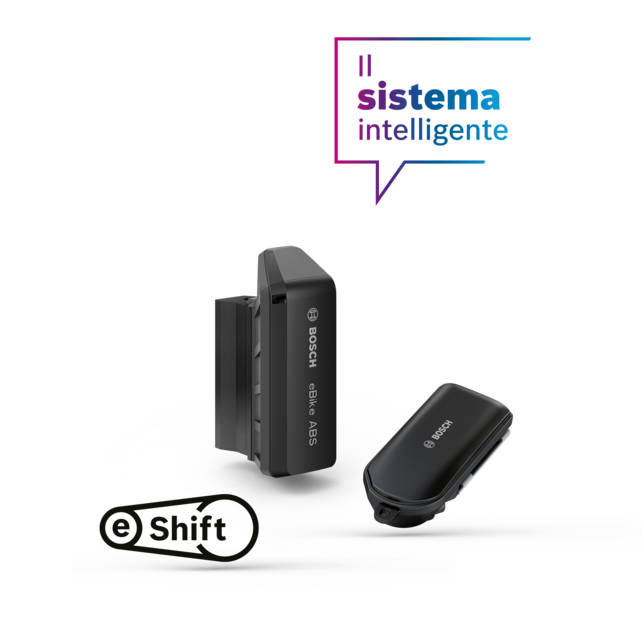 Rappresentazione separata del Bosch eBike ABS, del Connectmodul e del logo eShift su sfondo grigio chiaro con fumetto "The smart system".