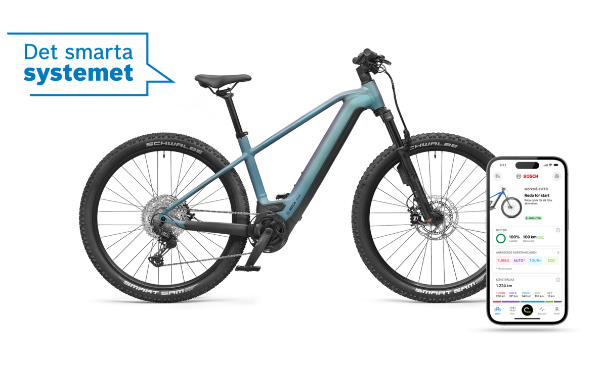 Blå elcykel beskuren med en blå pratbubbla som visar "Det smarta systemet". Framför den finns en smartphone som visar startsidan för eBike Flow-appen.