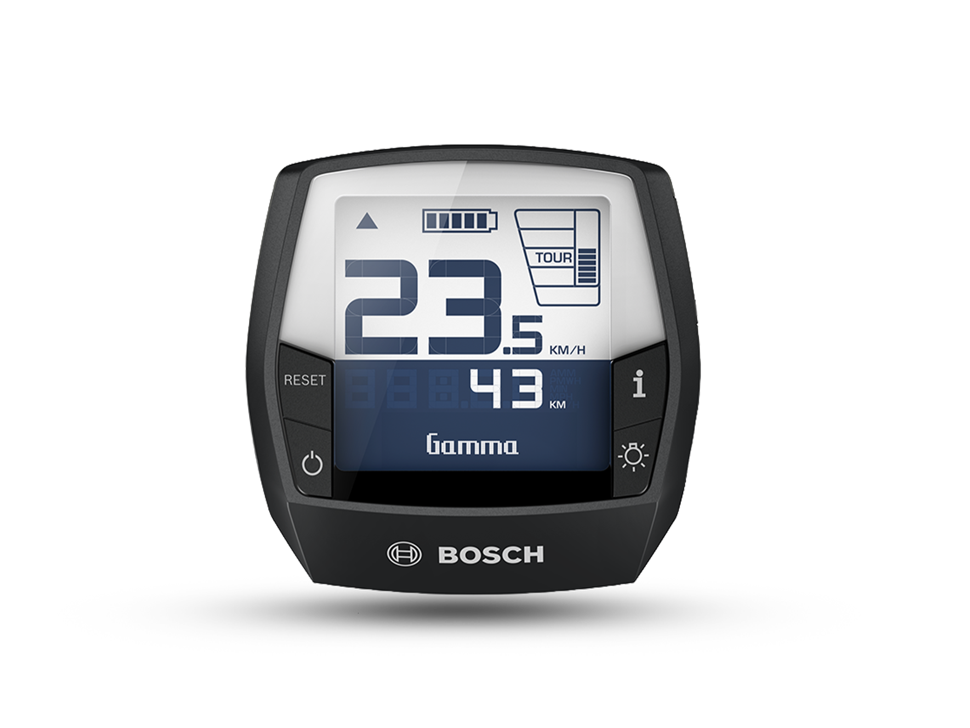Il display Intuvia del sistema Bosch eBike 2 su sfondo bianco mostra in grande la velocità in km/h e l'autonomia in km. Inoltre, visualizza il livello della batteria e la modalità di guida.