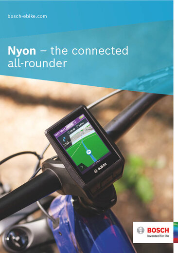 Cover of the QuickstarterGuide with the text "Nyon - Networked all-rounder" on a blue background. The background image shows a bicycle handlebar with nan. The Bosch logo is shown right below.