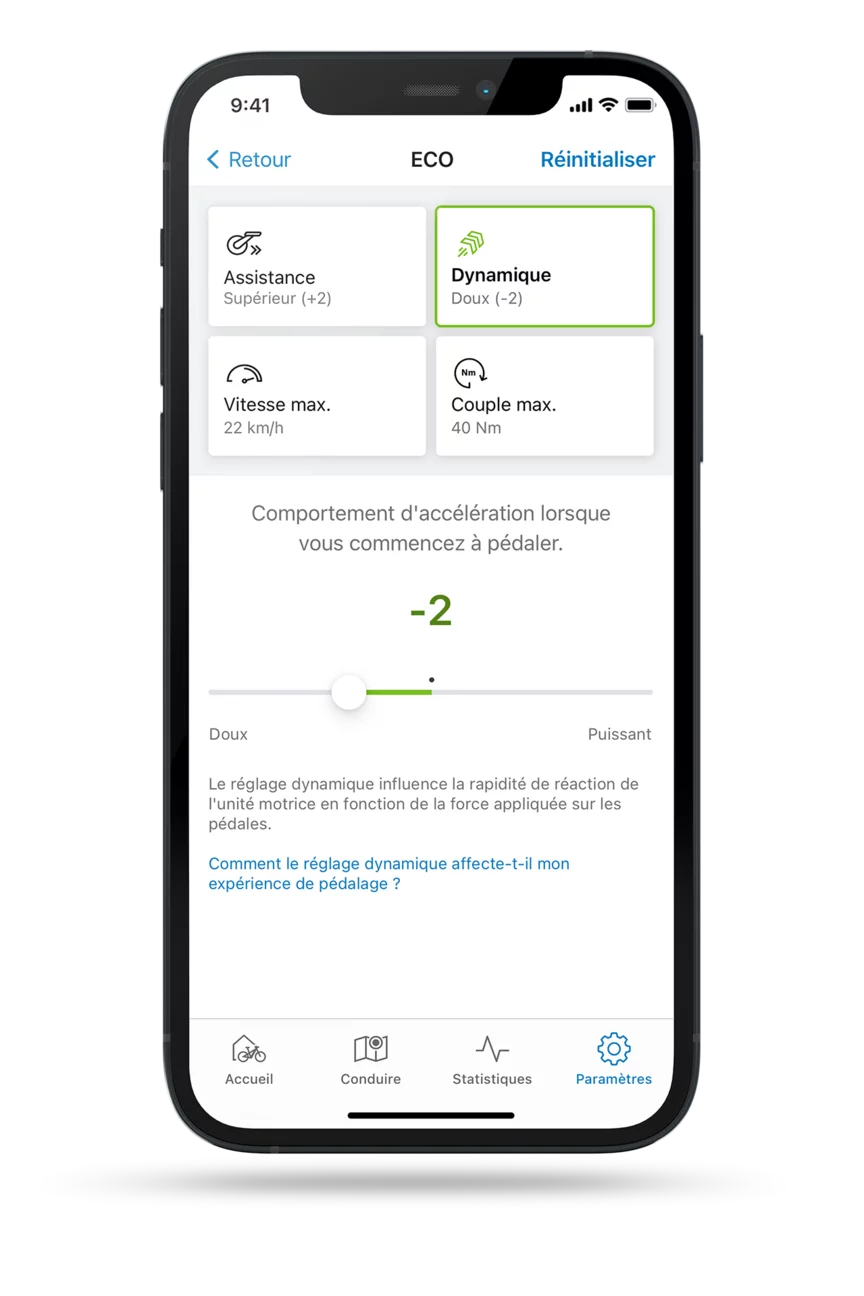 Capture d’écran isolée de l’application eBike Flow avec le réglage ouvert pour la dynamique de conduite en mode ECO.