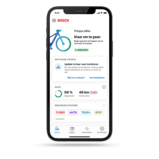 Startpagina van de eBike Flow-app met informatie over de eBike, de accustand, de rijmodi en gepland onderhoud.