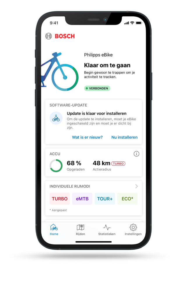 Startpagina van de eBike Flow-app met informatie over de eBike, de accustand, de rijmodi en gepland onderhoud.