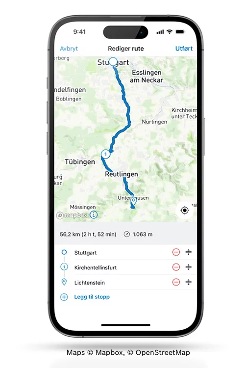 På en fristilt smarttelefon vises et kart med en rute.