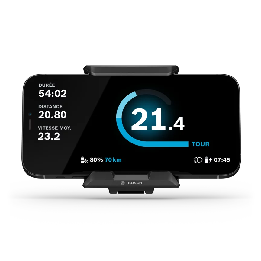 Représentation recadrée du SmartphoneGrip avec smartphone en mode Tour sur un fond gris clair.