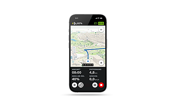 Screenshot eines Smartphones mit geöffneter eBike Flow App, der die Funktion 3D-Kartendarstellung zeigt.