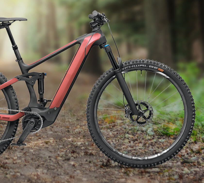 Ein eBike wird vor einem Wald als Hintergrund präsentiert.