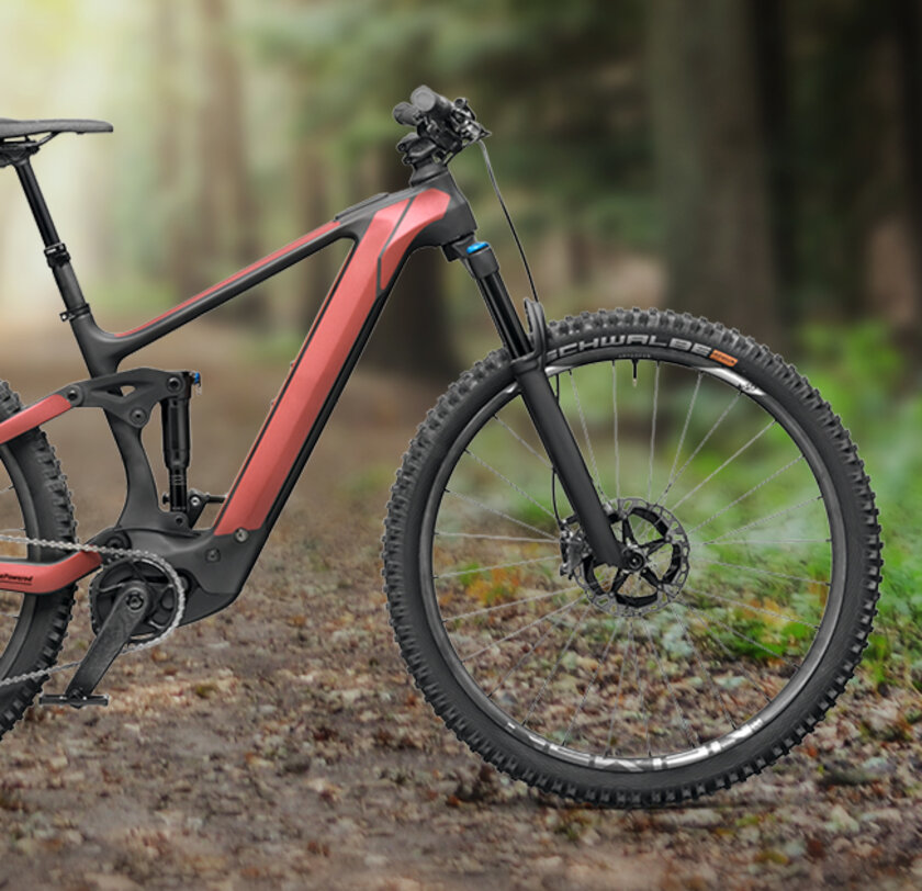 Ein eBike wird vor einem Wald als Hintergrund präsentiert.