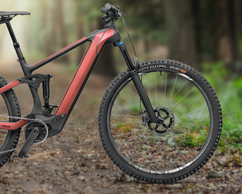 Ein eBike wird vor einem Wald als Hintergrund präsentiert.
