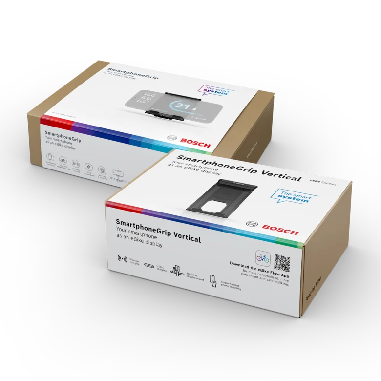 Representation of the SmartphoneGrip Vertical and SmartphoneGrip for eBikes in their original packaging.