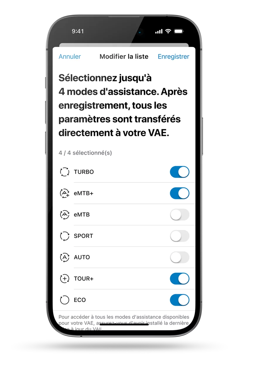 Écran/page de l’application eBike Flow : liste des modes de conduite disponibles (Turbo, VTT AE+, VTT AE, Sport, Auto, Tour+ et Eco) pour une adaptation personnalisée du VAE. Tu peux sélectionner jusqu’à quatre modes de conduite. Ici, Turbo, VTT AE+, Tour+ et Eco sont sélectionnés.