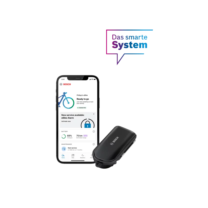 Ein Smartphone , welches die Home Seite der eBike Flow App anzeigt, sowie das Connect-Modul des eBike Alarms freigestellt vor grauem Hintergrund. Über beiden schwebt in lila-blau eine Sprachblase mit den Worten "Das smarte System".