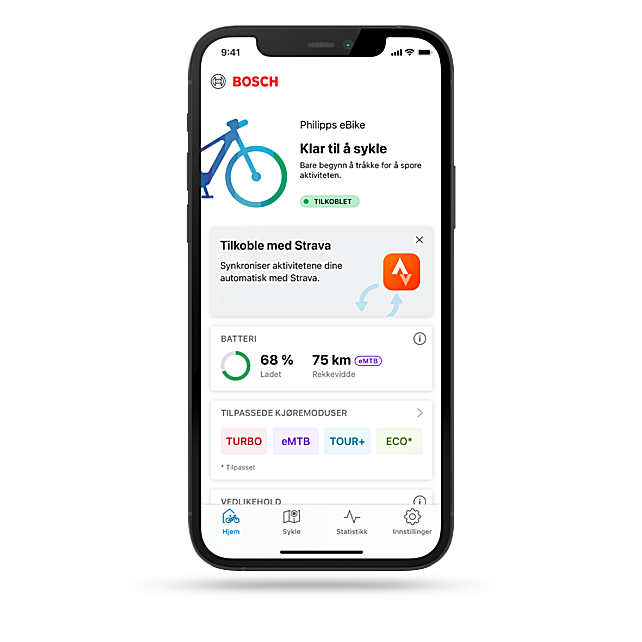 Et fristilt smarttelefon med eBike Flow-appen åpen og instruksjoner for å koble den til Strava-appen.