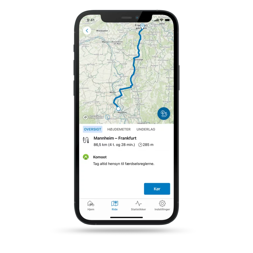 En smartphone, fritlagt mod grå baggrund. Displayet viser en navigation fra Mannheim til Frankfurt i kortvisning i eBike Flow-app.