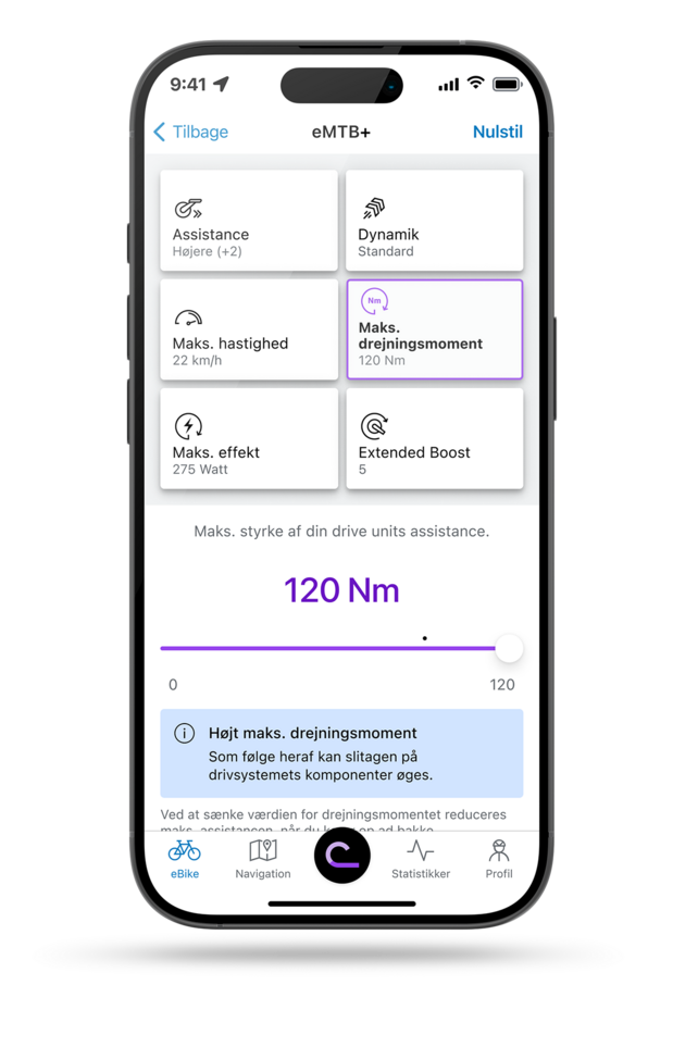 smartphone, der viser eBike Flow-app med indstillingen åben for det maksimale drejningsmoment i eMTB+-tilstand.