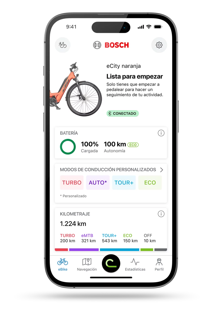 Pantalla de inicio de la aplicación eBike Flow para IOS aislada en un smartphone.