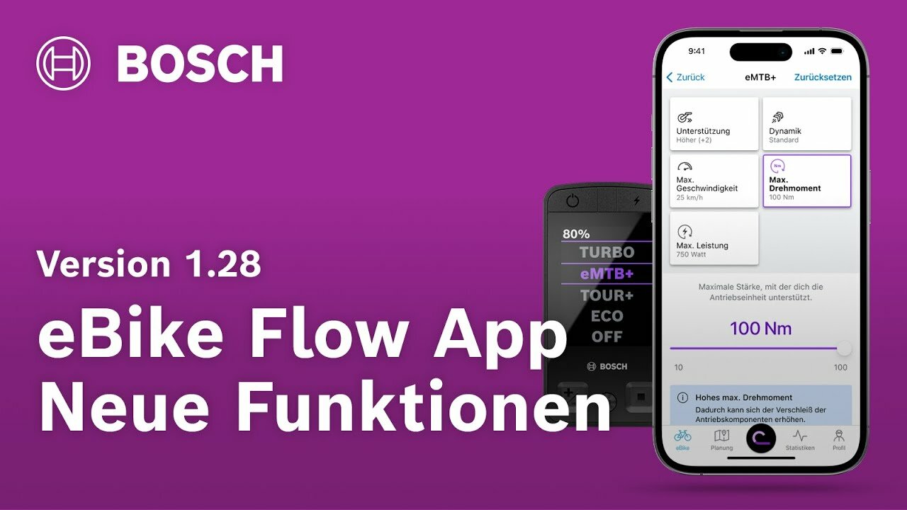 Lila Rechteck; in weißer Schrift steht darauf linkerhand 'Version 1.28', darunter etwas größer 'eBike Flow App Neue Functionen'. Links oben sind in weiß das Bosch-Logo, sowie "BOSCH" zu sehen. Rechterhand sind ein Smartphone und ein Kiox 400C freigestellt dargestellt. Das Display des Smartphones zeigt die eMTB+-Seite in der geöffneten eBike Flow App; das Kiox 400C zeigt die Fahrmodi an, wobei der eMTB+ Modus ausgewählt ist.
