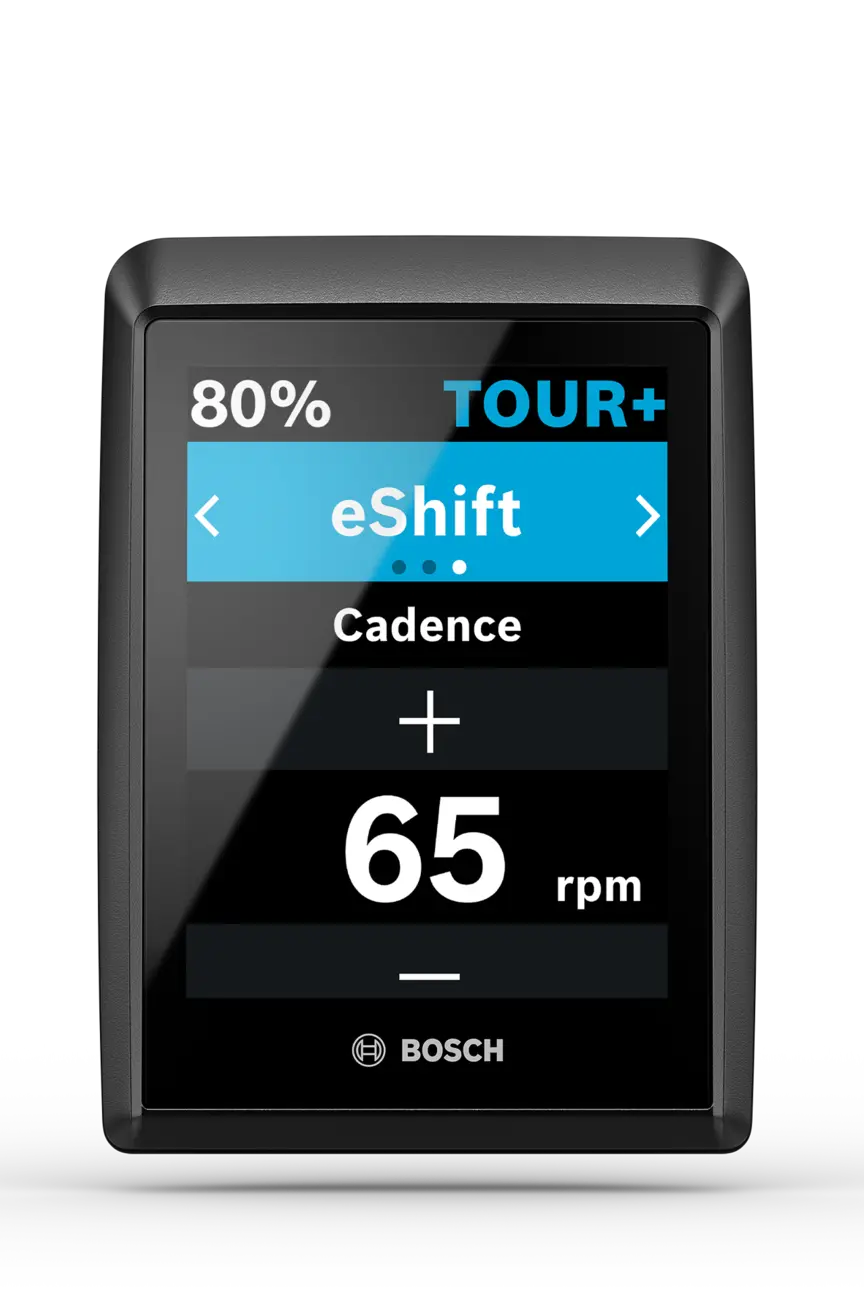 Recadré Kiox écran montrant le eShift page avec une cadence de pédalage actuel de 65 tours.