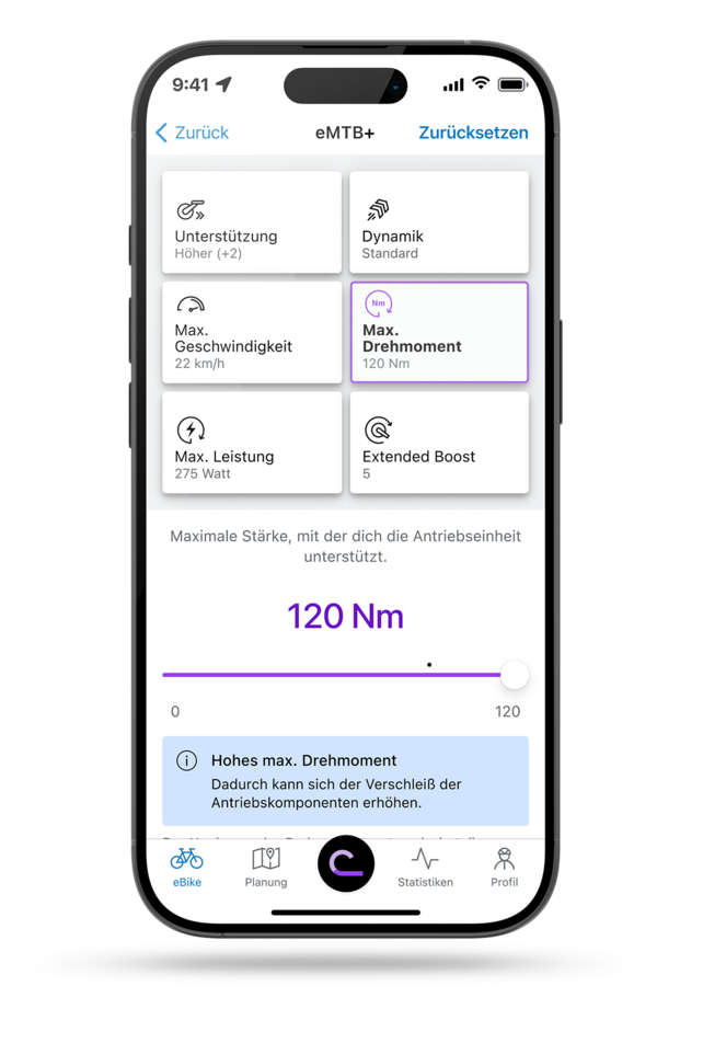 Smartphone, das die eBike Flow App mit geöffneter Einstellung für das maximale Drehmoment im eMTB+-Modus zeigt.