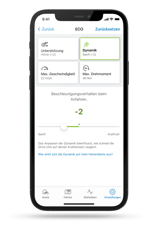 Freigestellter Screenshot der eBike Flow App mit geöffneter Einstellung zur Fahrdynamik im ECO-Modus.