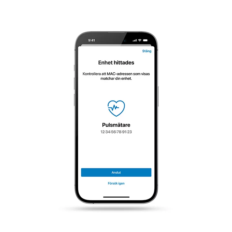 På en avskalad smartphone visas möjligheten att ansluta en pulsmätare.