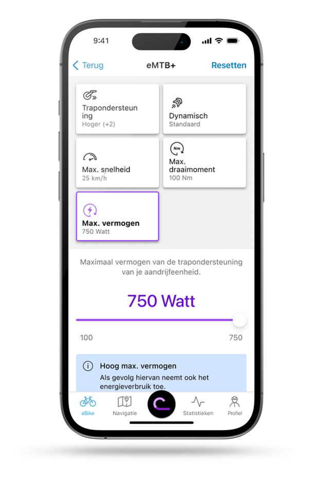 eBike flow app scherm met weergave van de prestatie-instelling.