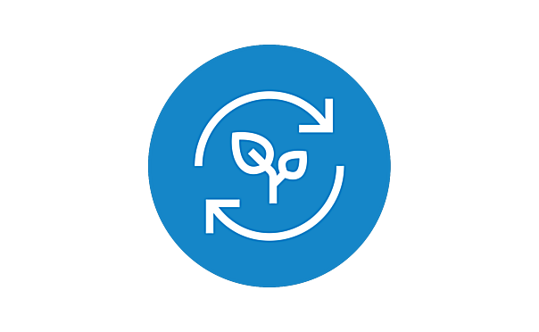 Icône bleue avec une plante en fond transparent symbolisant la durabilité et l'économie circulaire. Lien vers la page sur la durabilité, dans la section "Promouvoir une économie circulaire".